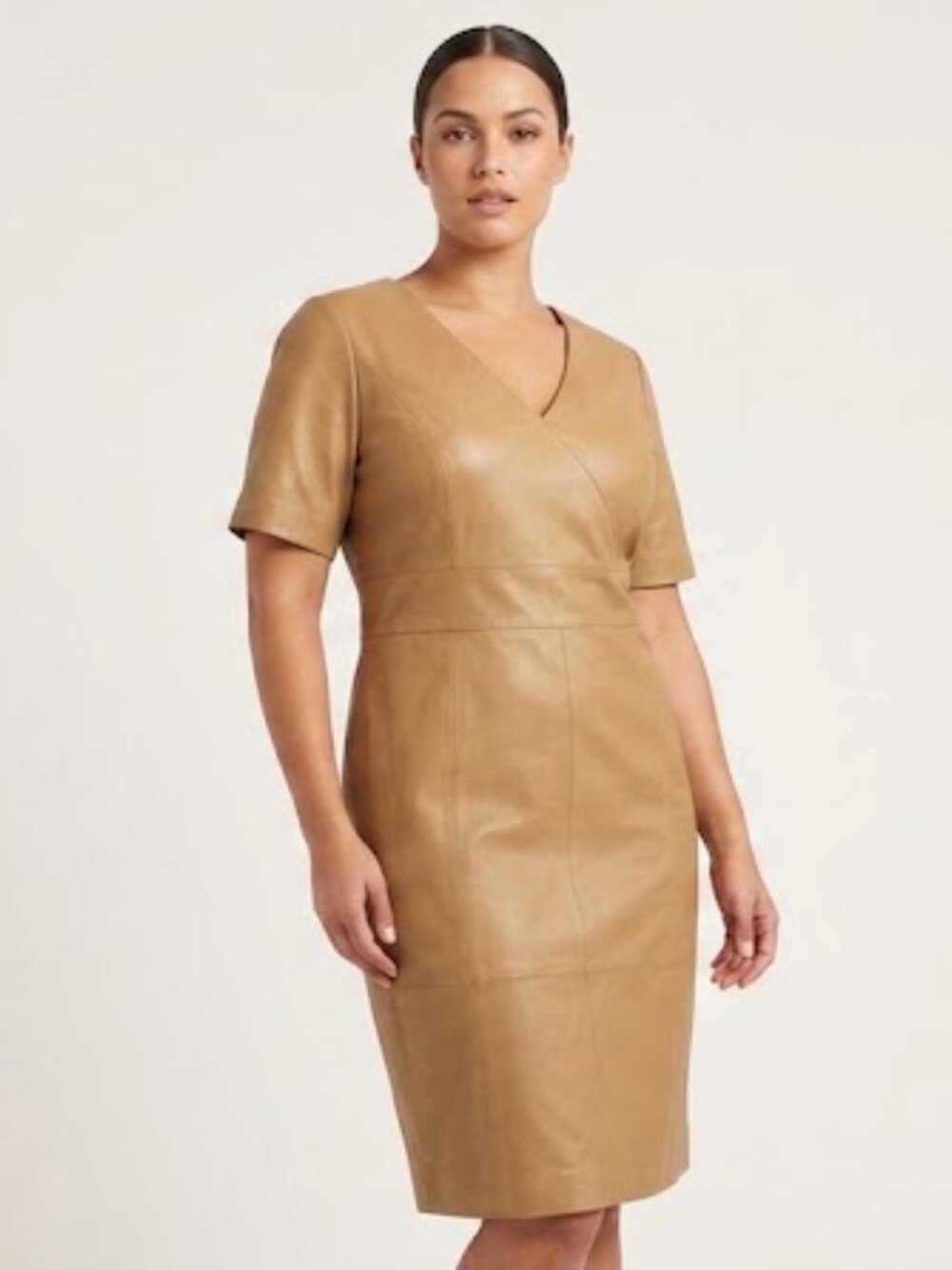 Jessica London Camel Leather V-Neck Midi Dress size 12